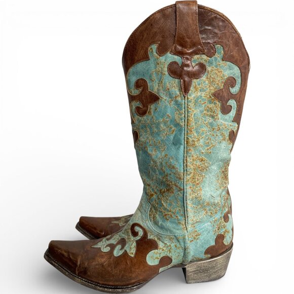 Lane Turquoise Brown Snip Toe Leather Cowboy Western Cowgirl Boots Women's 10.5 - Picture 7 of 13